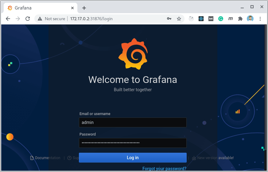 Captura de pantalla mostrando la pantalla de Login de Grafana en Minikube