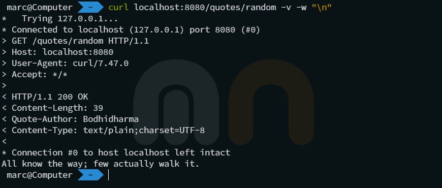 Screenshot of the result of executing curl localhost:8080/quotes/random -v
