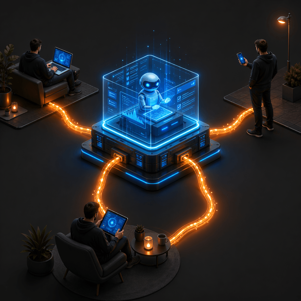 Agents floating above a laptop, a phone, and a tablet, connected by luminous data streams to all three devices at once