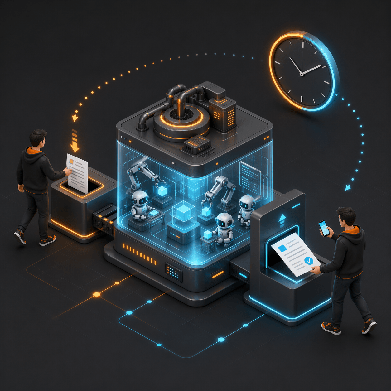 A developer drops an issue into an input slot on the left while another retrieves a completed pull request from an output slot on the right, with a glowing factory of agents processing work in between