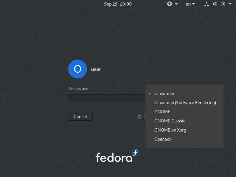 Fedora Login Screen with Cinnamon