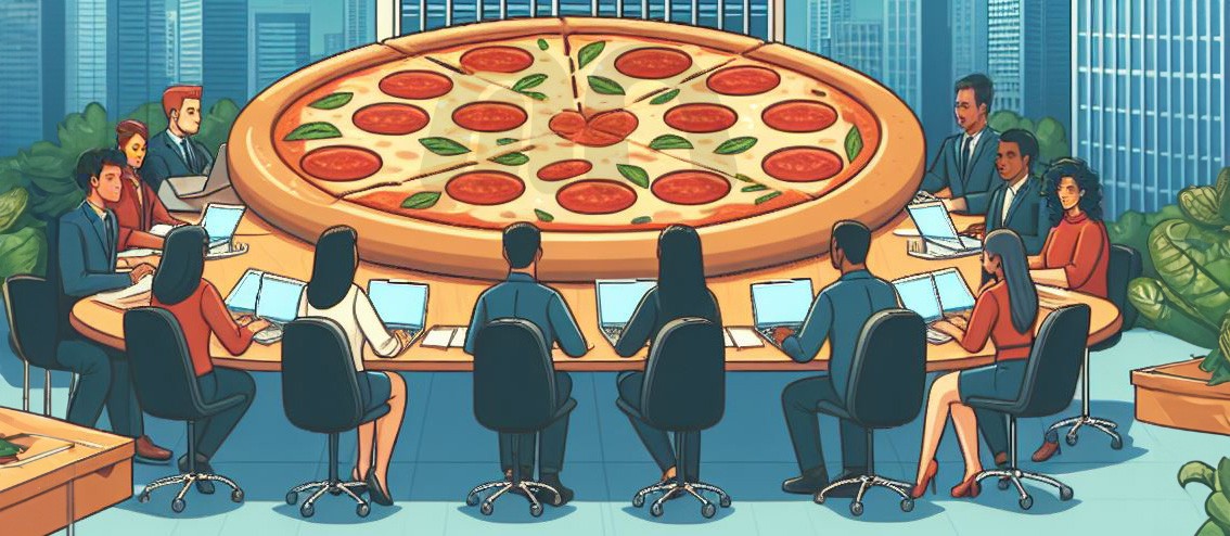 A group of people sitting around a huge pizza