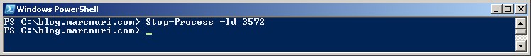 Captura de pantalla mostrando la salida del comando Stop-Process -Force -Id <pid>