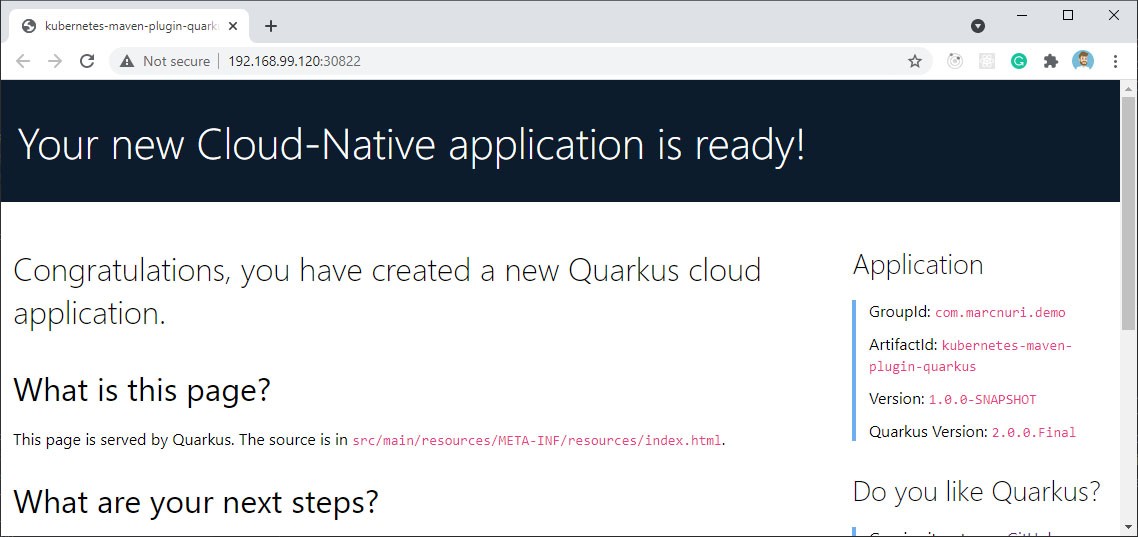 A screenshot of a browser showing the application running on Kubernetes