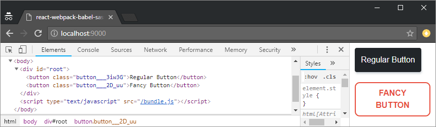 A screenshot of the Developer Tools (DevTools) inspection of the rendered ReactJS buttons
