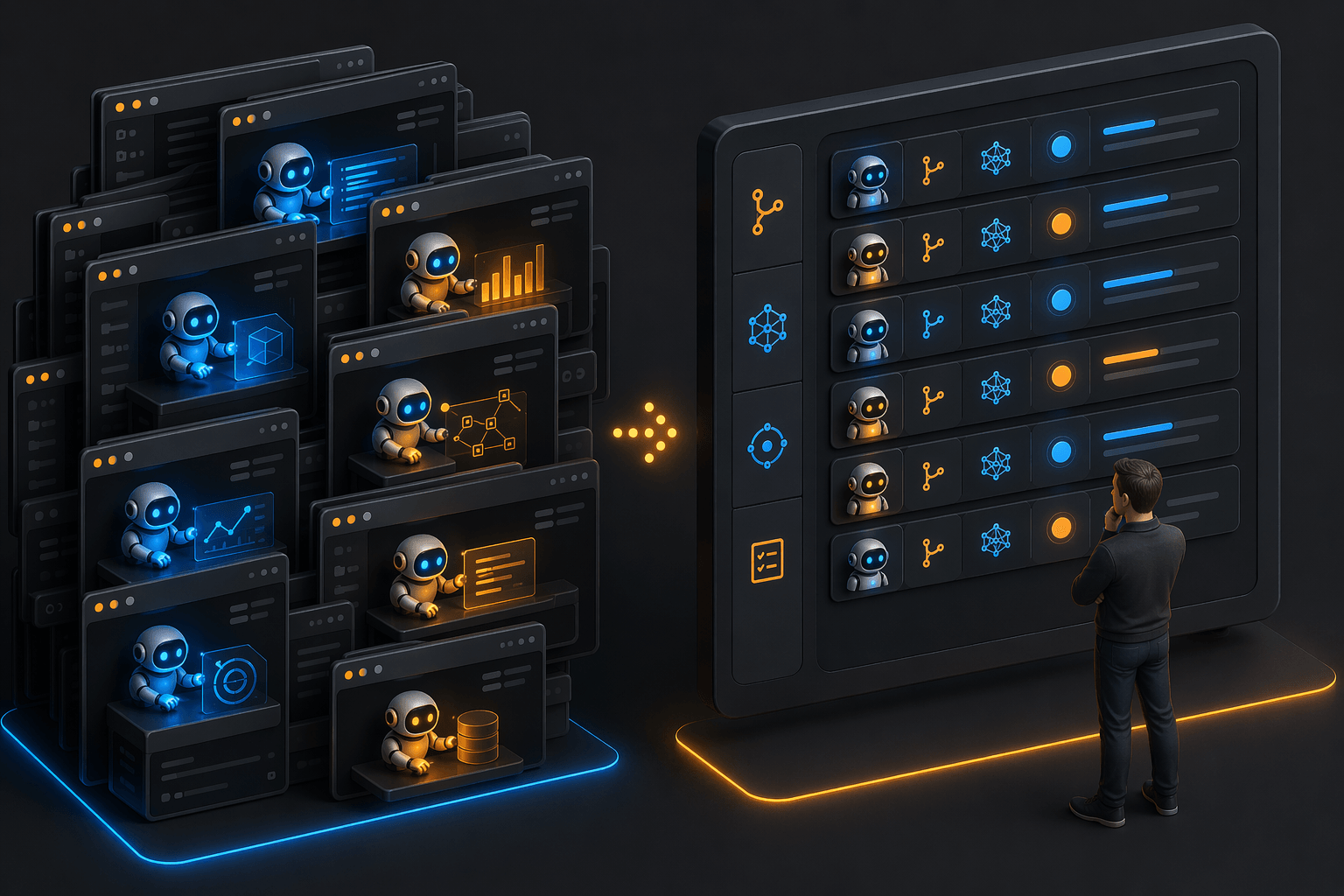 Chaotic stack of terminal windows on the left, a single unified dashboard panel on the right, with a calm human figure in front of it