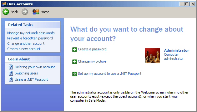 Windows XP User Accounts - Administrator