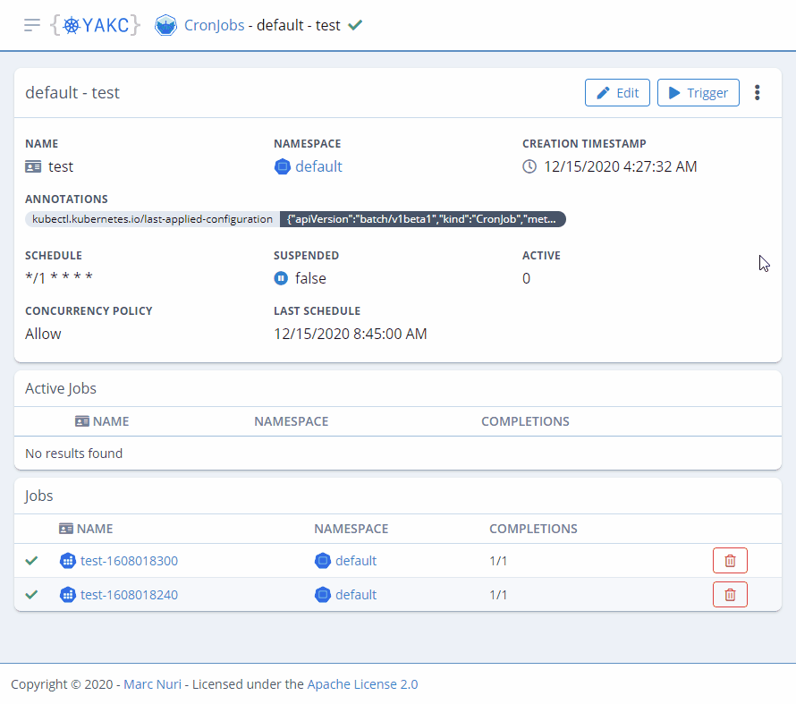 Demo de activación manual de CronJob en YAKC Kubernetes Dashboard