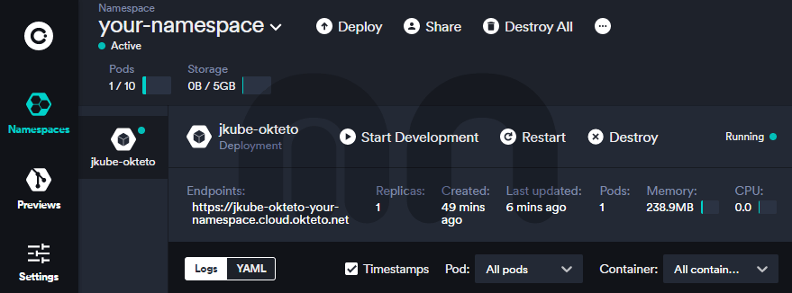 Okteto Cloud Dashboard - JKube Okteto deployment