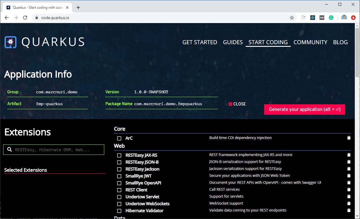Quarkus project bootstrap (code.quarkus.io)