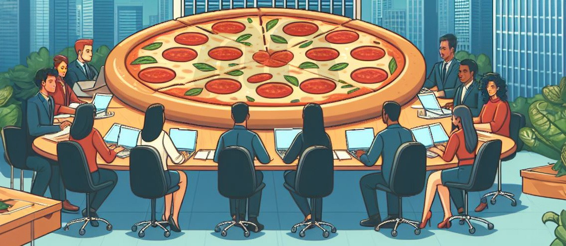 Un grupo de personas sentadas alrededor de una gigantesca pizza