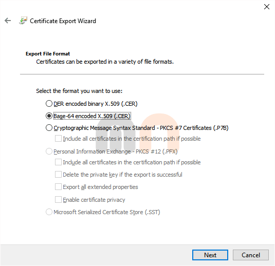 Exportar Certificado en Windows - Elegir Formato