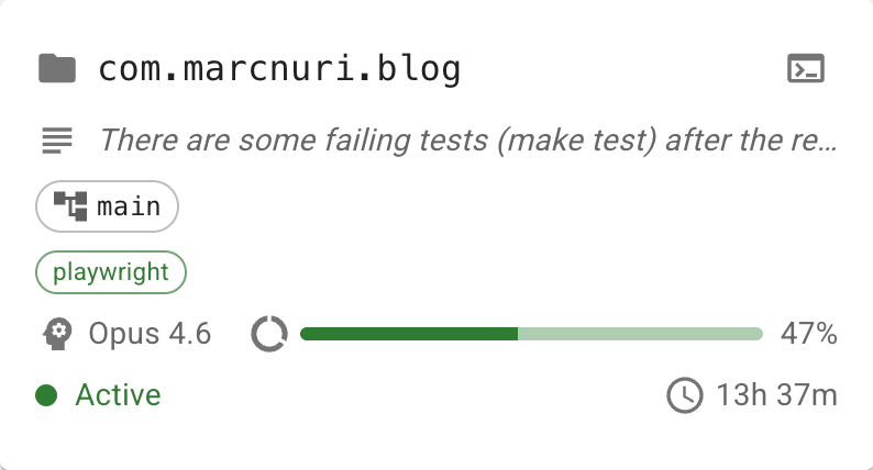 Close-up of a session card showing project, branch, model, context usage, and status