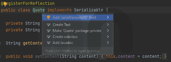 Add 'serialVersionUID' field IntelliJ IDEA intention