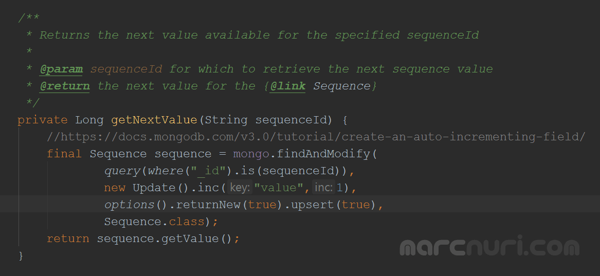 Código para actualizar una secuencia en MongoDB desde Java de forma segura