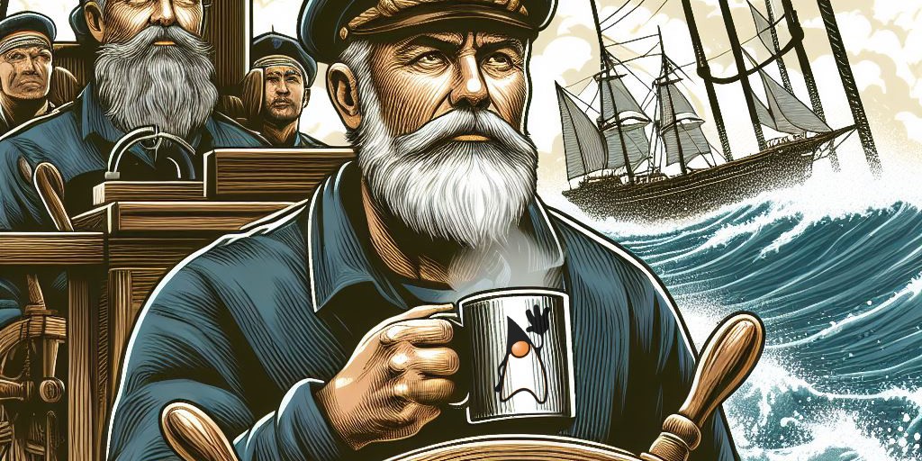 A captain holding a mug with the Java mascot behind the helm of a boat