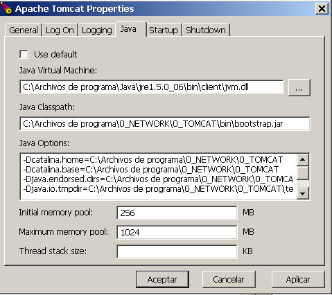 A screenshot of the Apache Tomcat Properties dialog in Windows