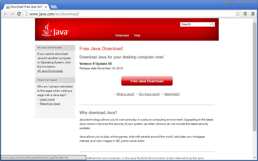 Captura de pantalla de la página de descargas de Java