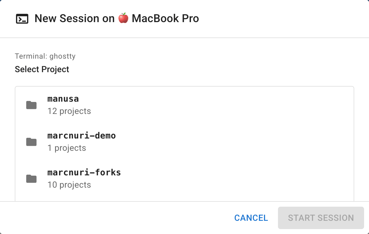 New session dialog for spawning a coding agent on a remote device