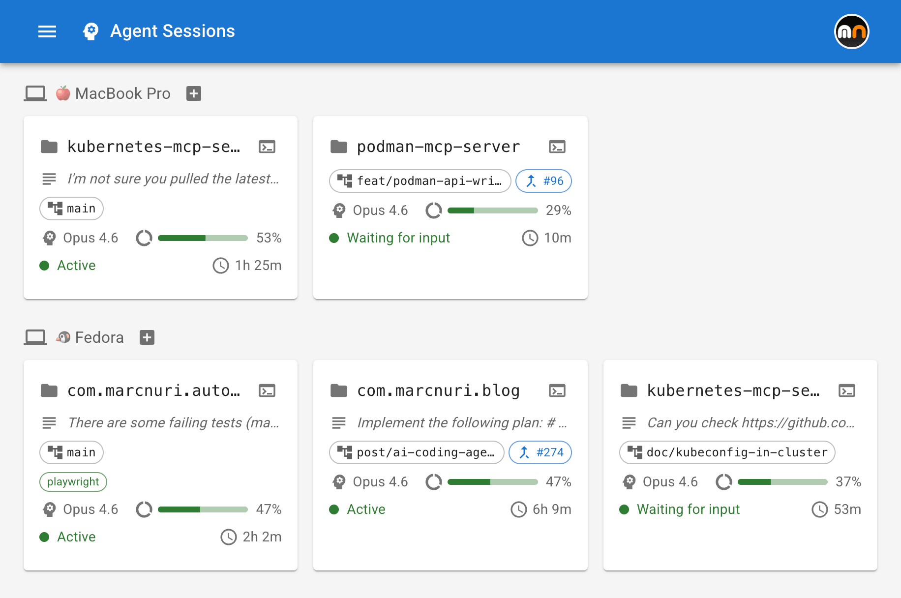 AI Coding Agent Dashboard overview showing sessions organized by device