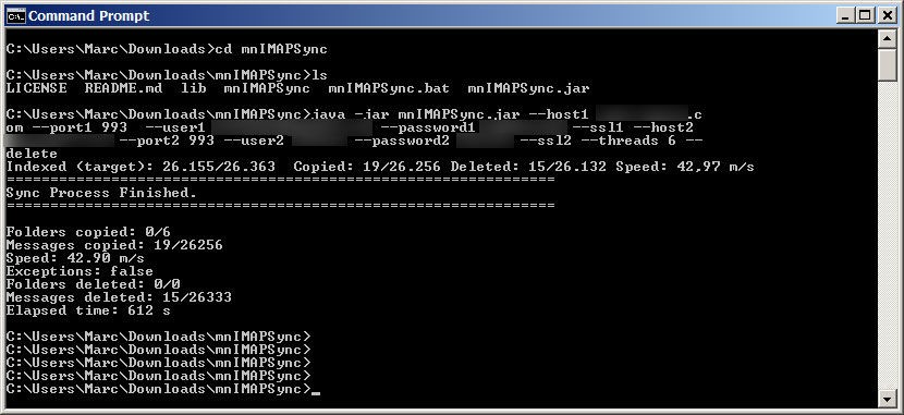 Captura de pantalla de la ejecución completada de un proceso de mnIMAPSync