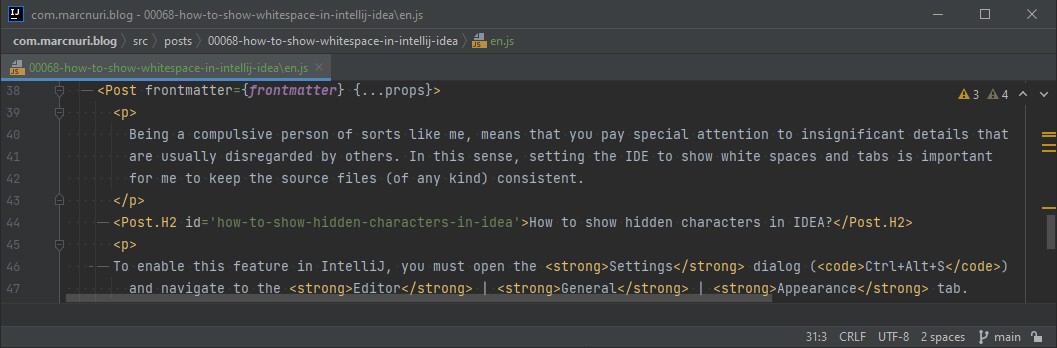 Captura de pantalla de código fuente con espacios en blanco y tabulaciones visibles