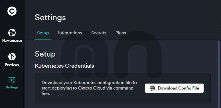 Okteto Cloud Dashboard - Download Kube Config file