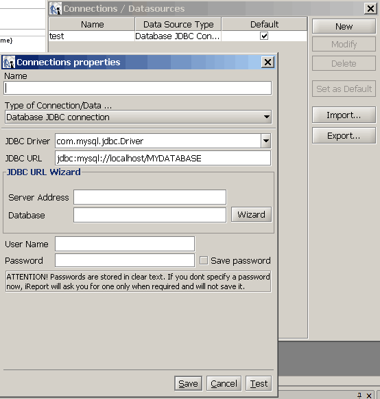 A screen shot of iReport JDBC connection dialog